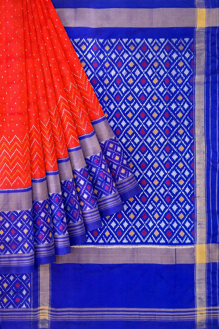 Ikat pure silk saree in  orange with small motifs