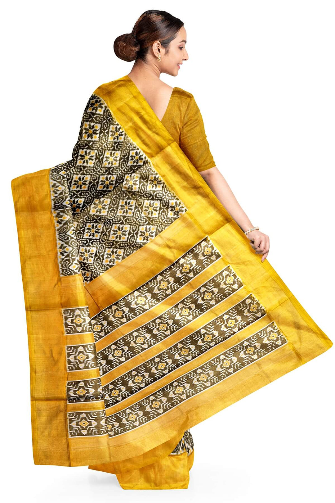 Ikkat  pure silk tissue saree in yellow & off white