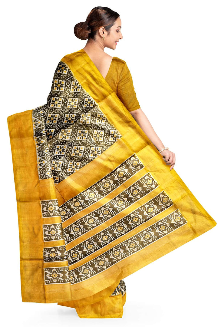 Ikkat  pure silk tissue saree in yellow & off white