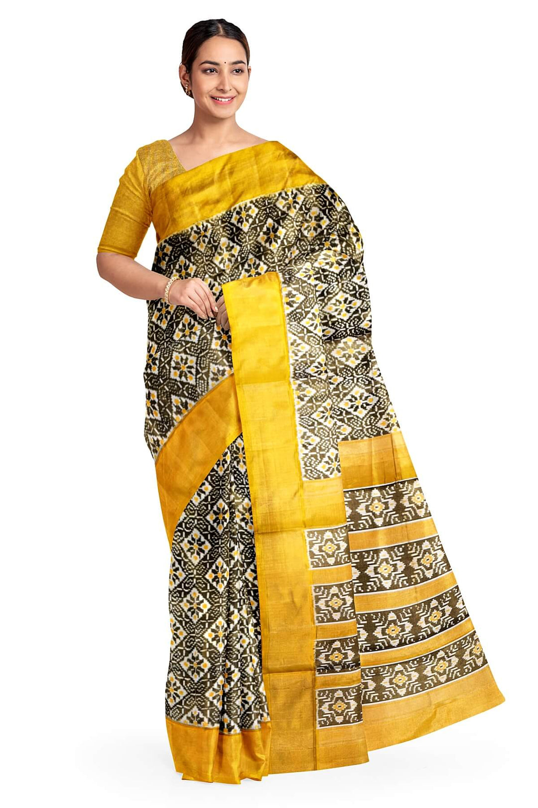 Ikkat  pure silk tissue saree in yellow & off white