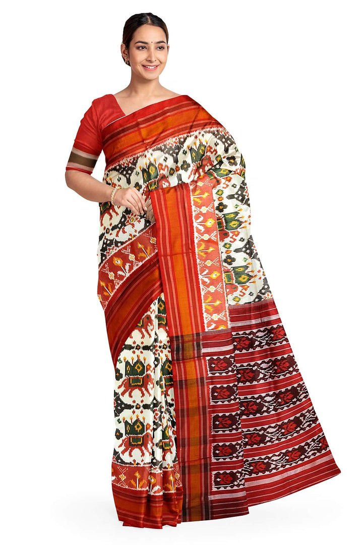 A twill weave ikkat pure silk saree in  off white