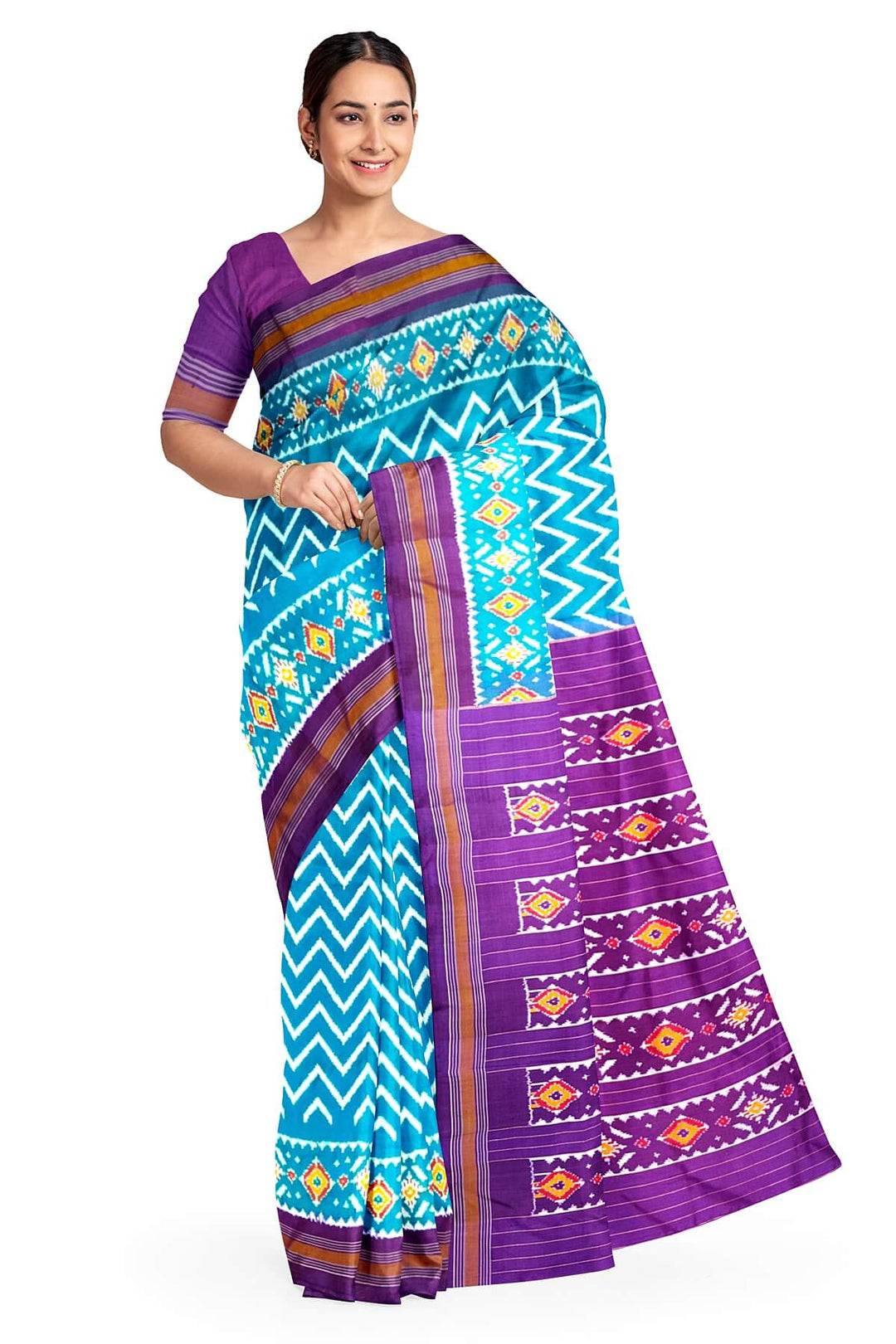 Handwoven Ikat pure silk saree in  zig zag pattern