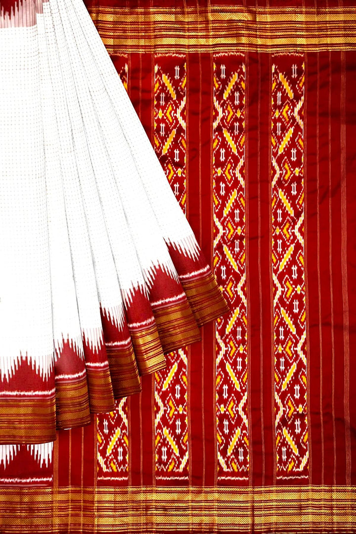 Handwoven Ikat pure silk saree in off white in  fine checks