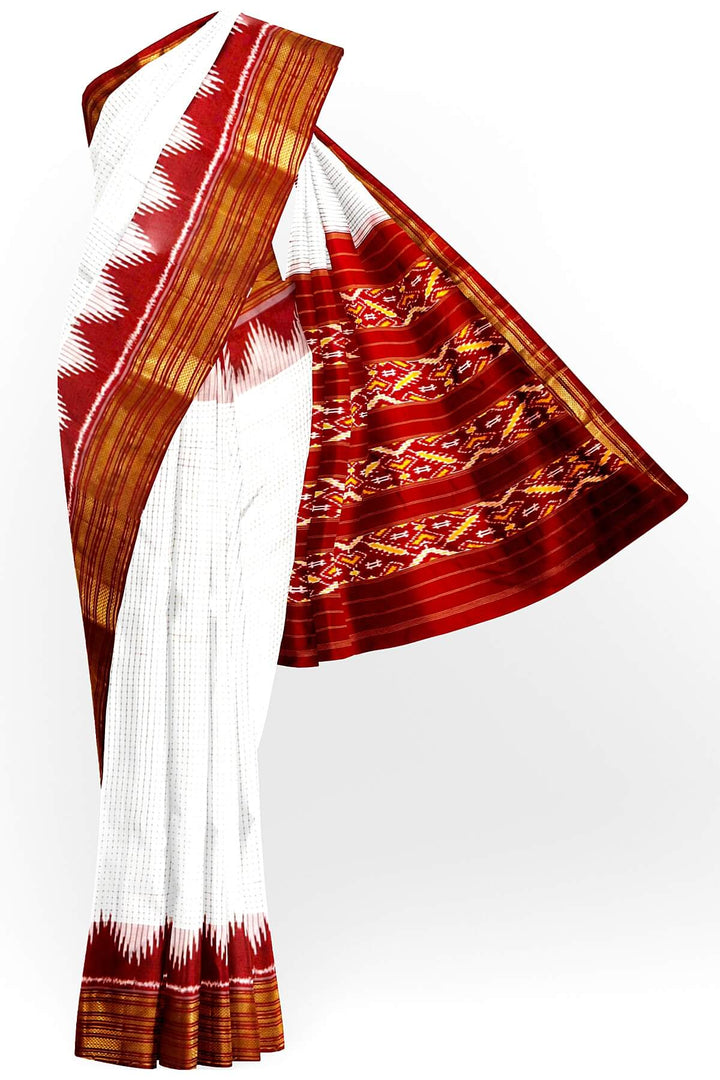 Handwoven Ikat pure silk saree in off white in  fine checks