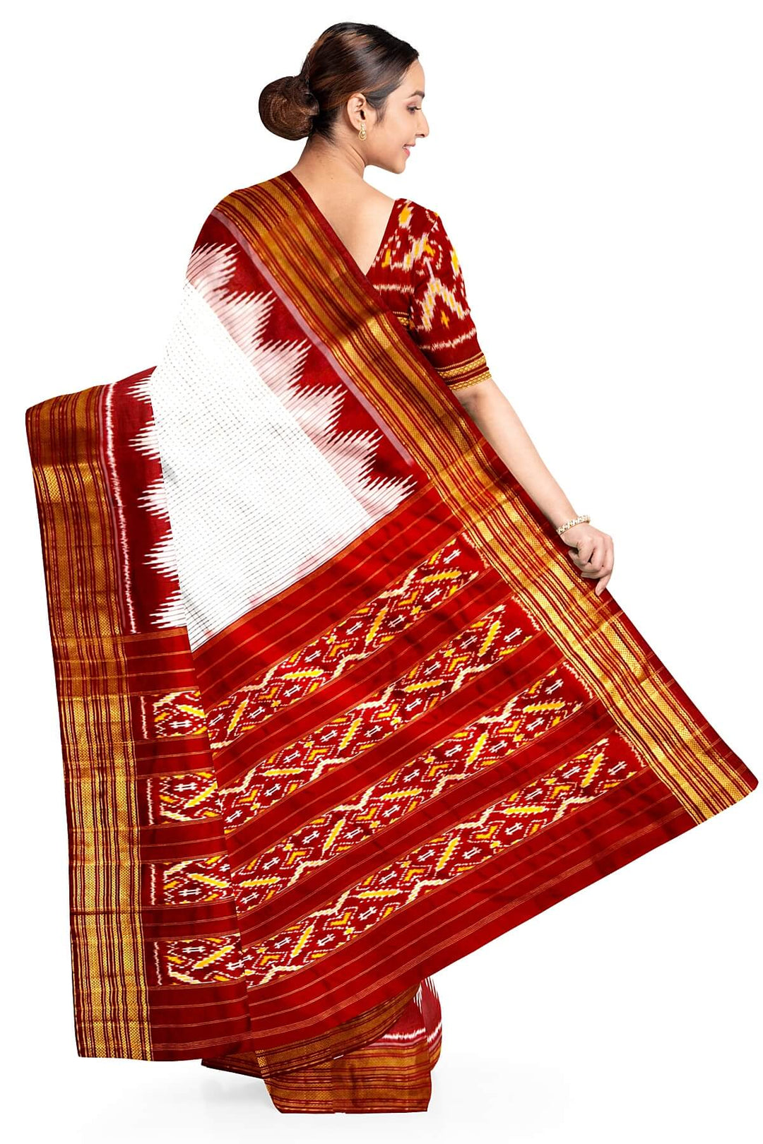Handwoven Ikat pure silk saree in off white in  fine checks