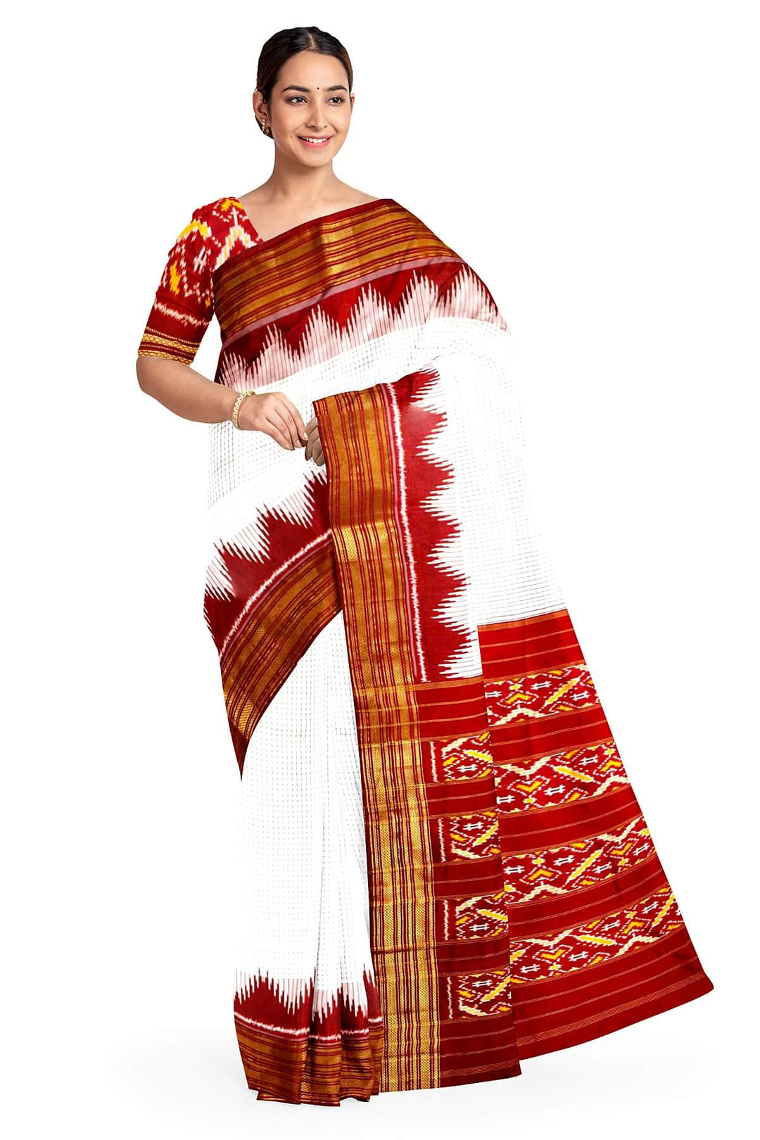 Handwoven Ikat pure silk saree in off white in  fine checks