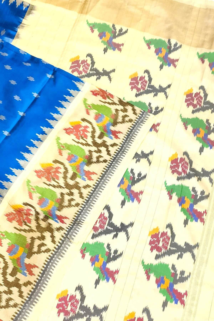 Handwoven Ikat pure silk saree in cobalt blue with small motifs