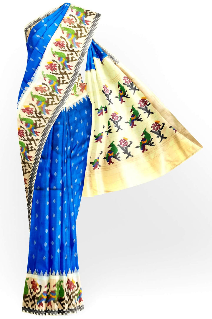 Handwoven Ikat pure silk saree in cobalt blue with small motifs