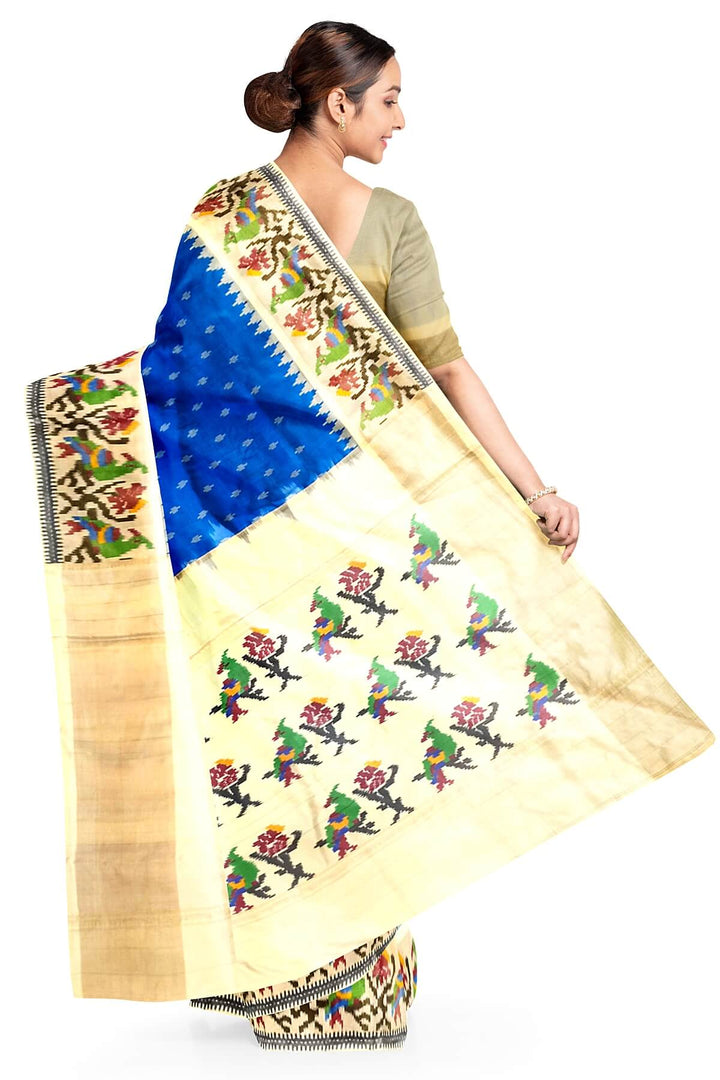 Handwoven Ikat pure silk saree in cobalt blue with small motifs