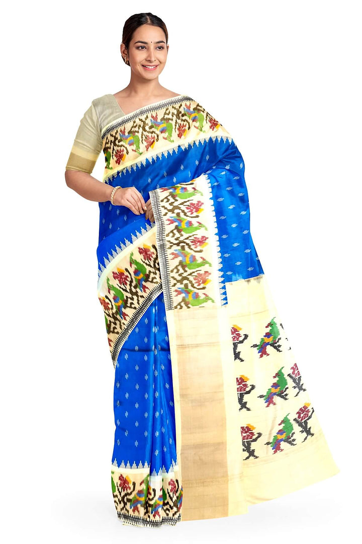 Handwoven Ikat pure silk saree in cobalt blue with small motifs