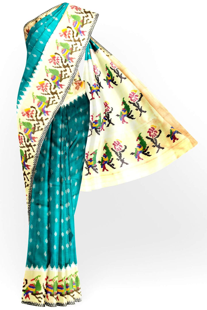 Handwoven Ikat pure silk saree in green with small motifs