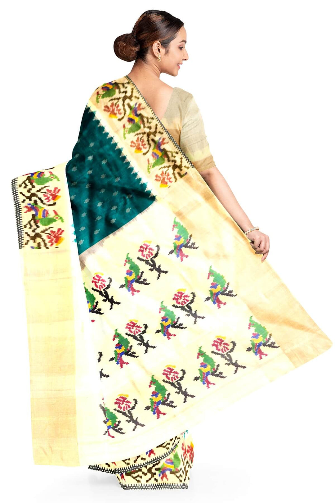 Handwoven Ikat pure silk saree in green with small motifs