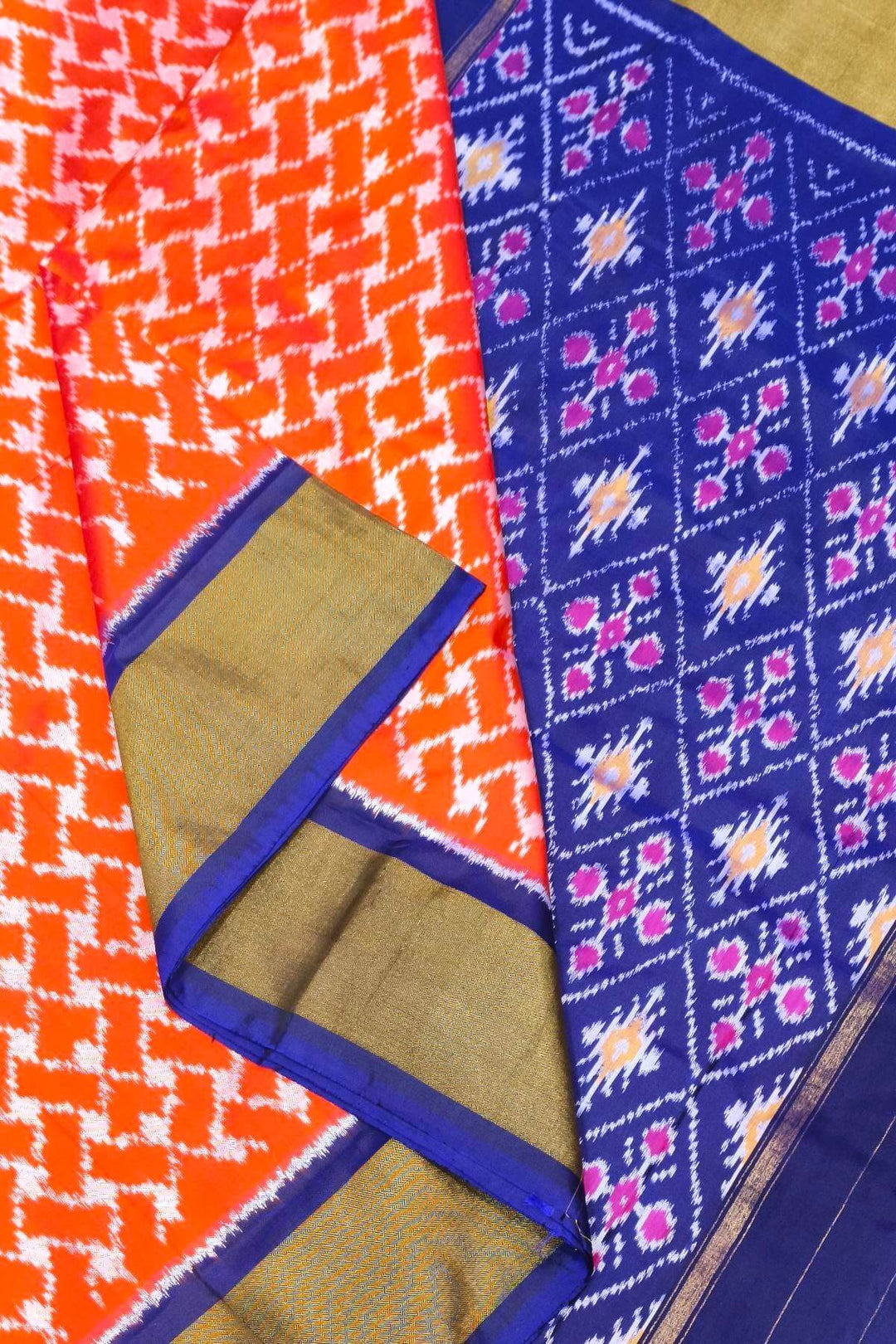 Handwoven Ikat pure silk saree in orange in wavy pattern