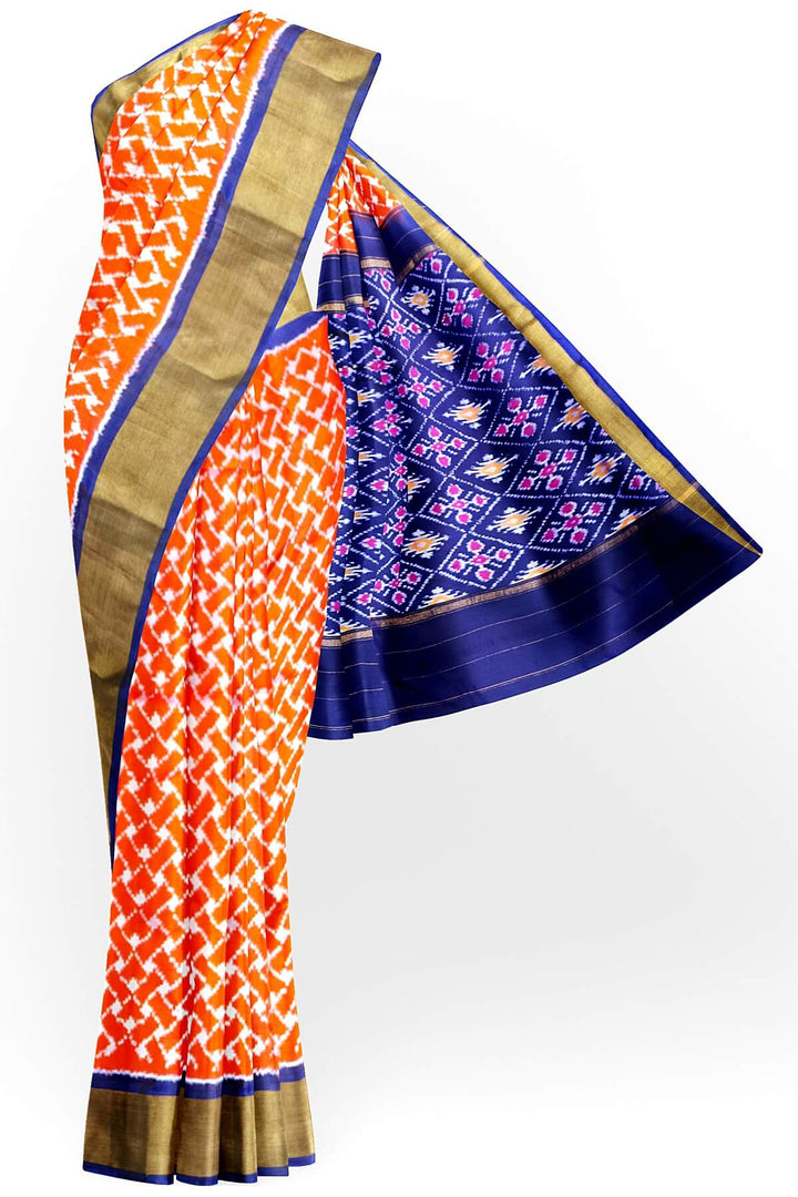 Handwoven Ikat pure silk saree in orange in wavy pattern
