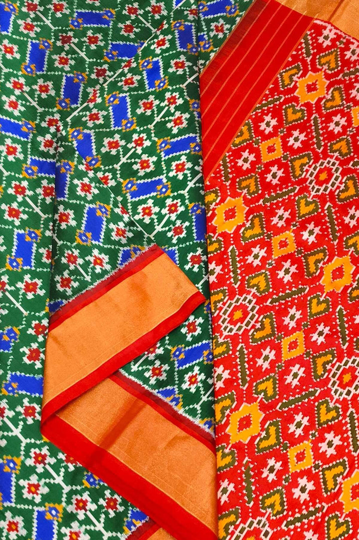Handwoven Ikat pure silk saree in green & blue  in floral pattern