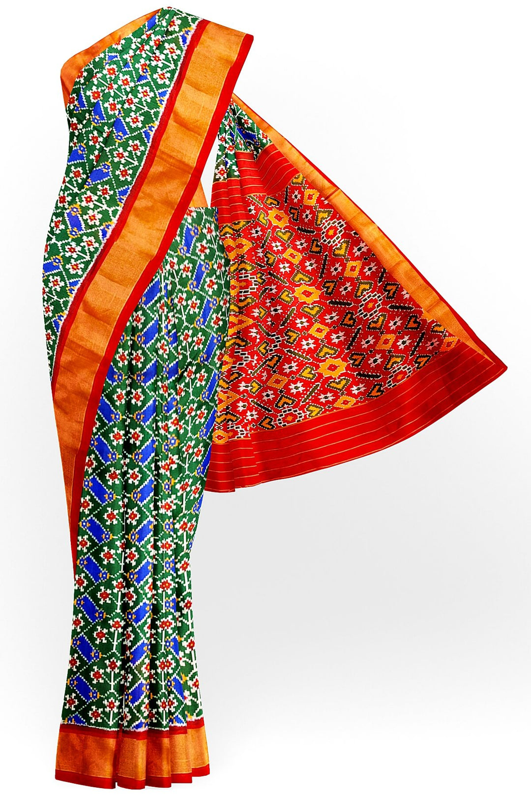 Handwoven Ikat pure silk saree in green & blue  in floral pattern