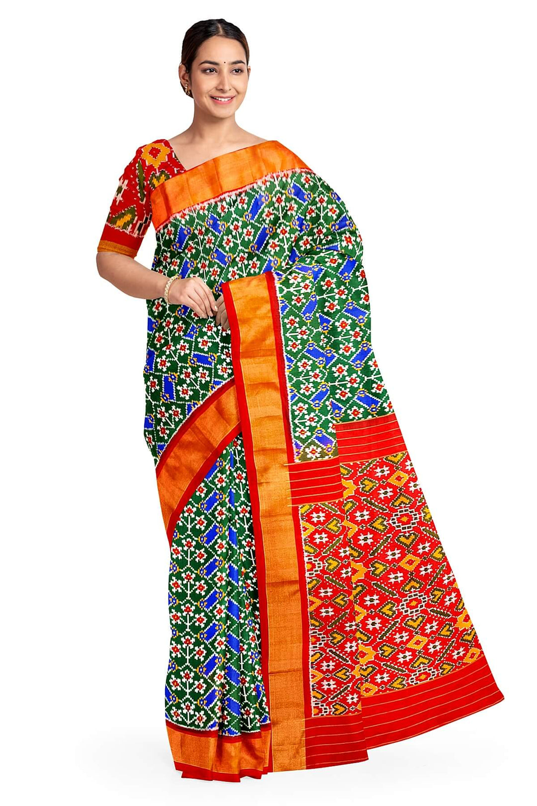 Handwoven Ikat pure silk saree in green & blue  in floral pattern