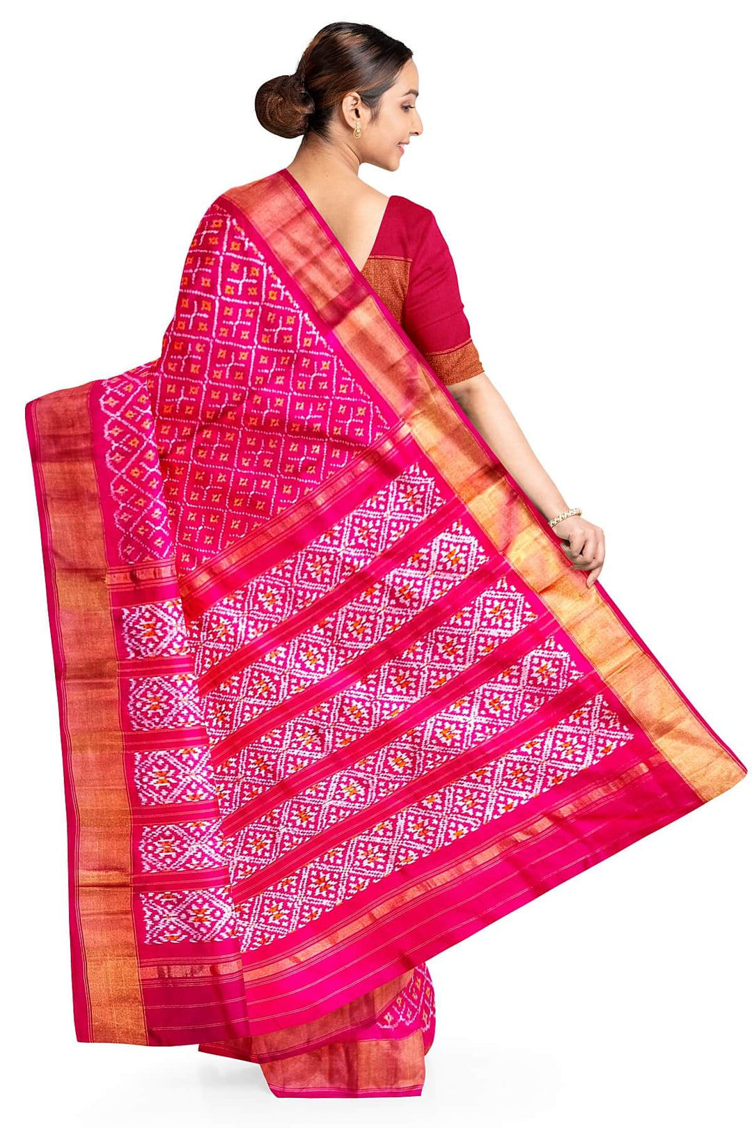 Handwoven Ikat pure silk saree in pink  in diamond  pattern
