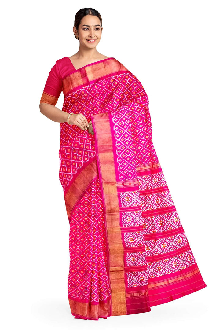 Handwoven Ikat pure silk saree in pink  in diamond  pattern