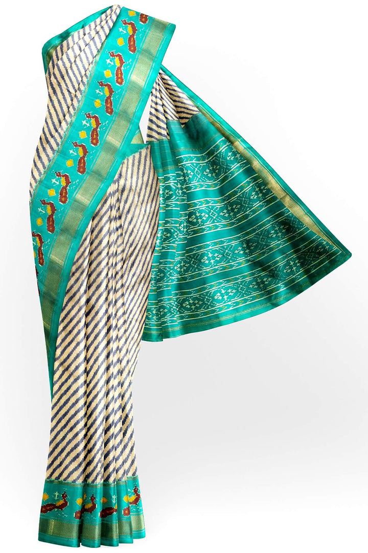 Handwoven ikat pure silk saree in grey in diagonal lines