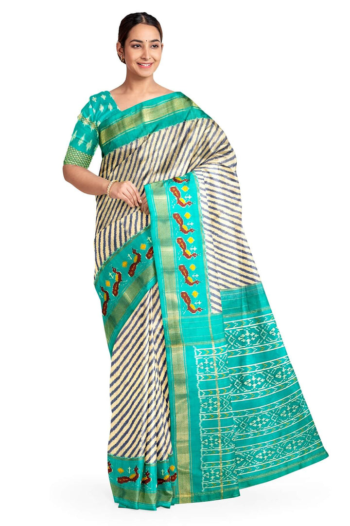 Handwoven ikat pure silk saree in grey in diagonal lines