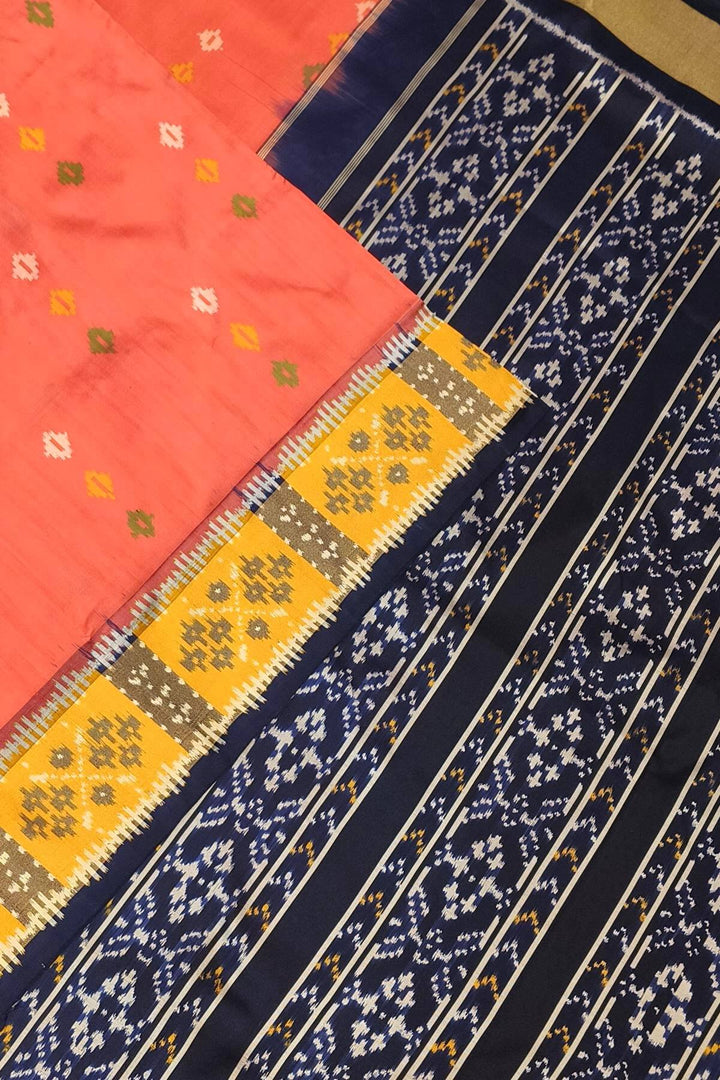 Ikkat pure silk saree in peach with coloured motifs
