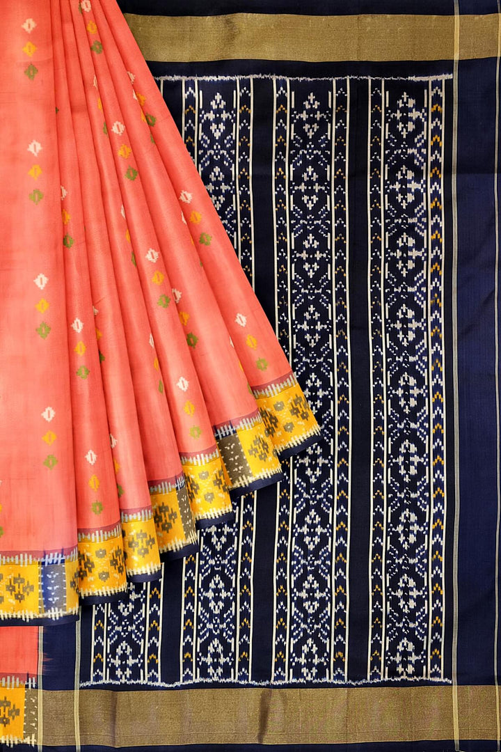 Ikkat pure silk saree in peach with coloured motifs