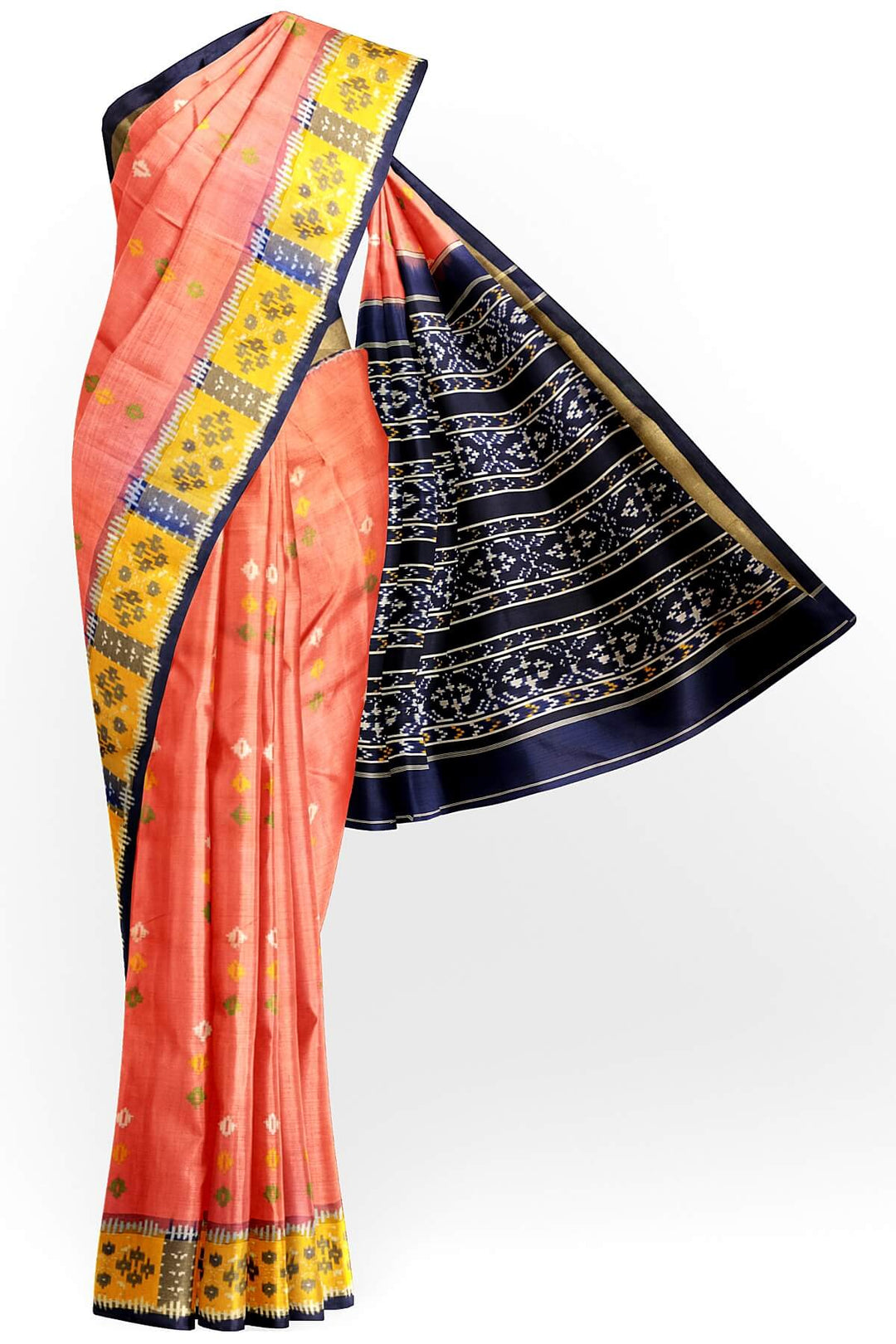 Ikkat pure silk saree in peach with coloured motifs
