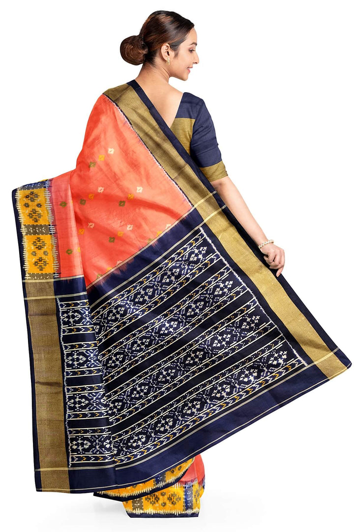 Ikkat pure silk saree in peach with coloured motifs