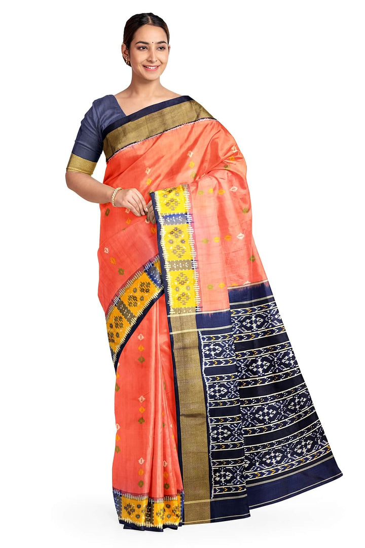Ikkat pure silk saree in peach with coloured motifs