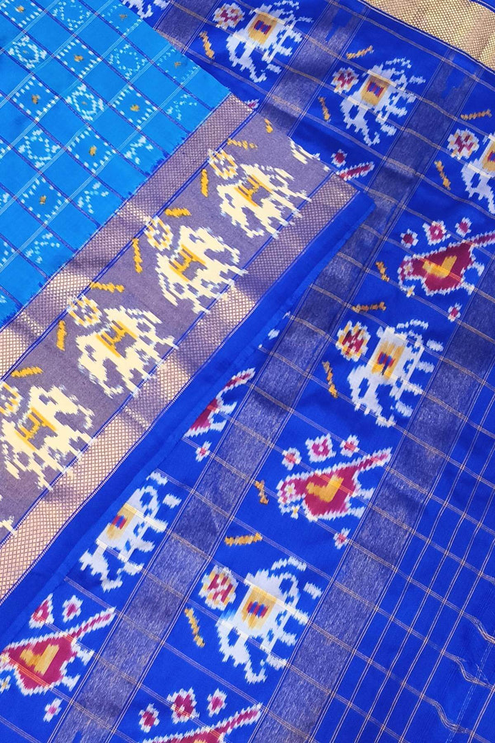 Ikkat pure silk saree in blue in geometric pattern