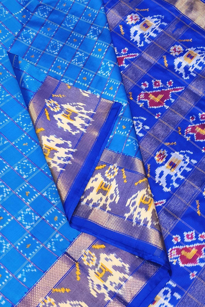 Ikkat pure silk saree in blue in geometric pattern