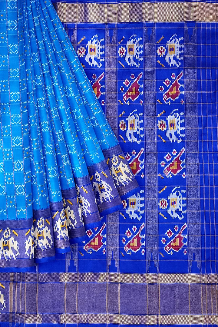 Ikkat pure silk saree in blue in geometric pattern