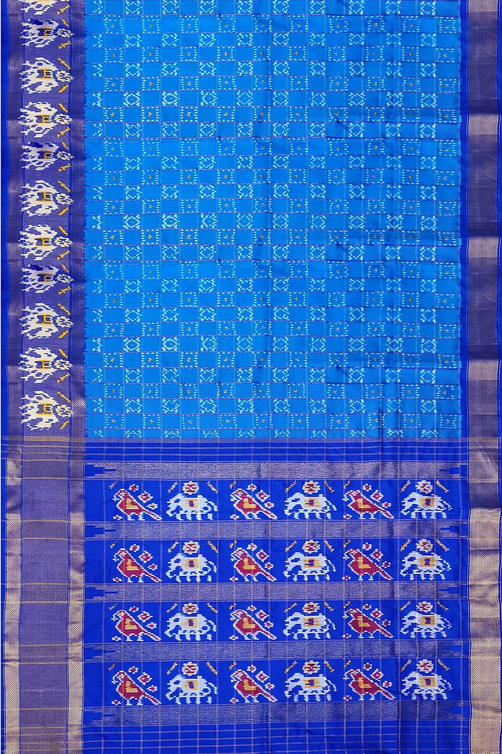 Ikkat pure silk saree in blue in geometric pattern