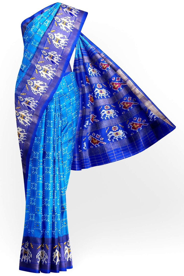 Ikkat pure silk saree in blue in geometric pattern