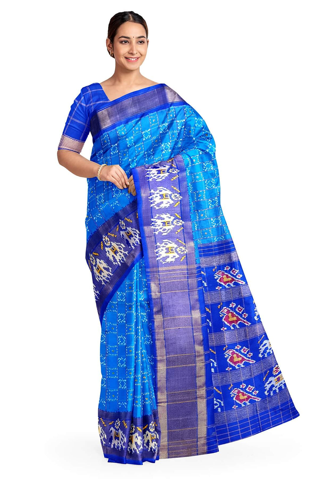 Ikkat pure silk saree in blue in geometric pattern