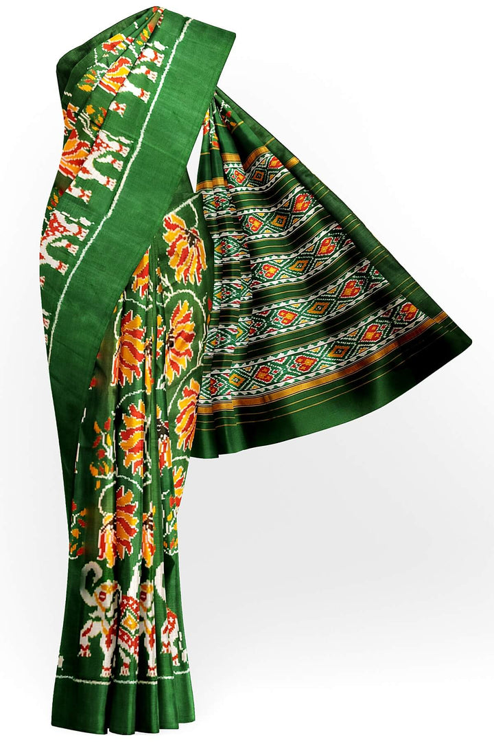A twill weave ikkat pure silk saree in bottle green