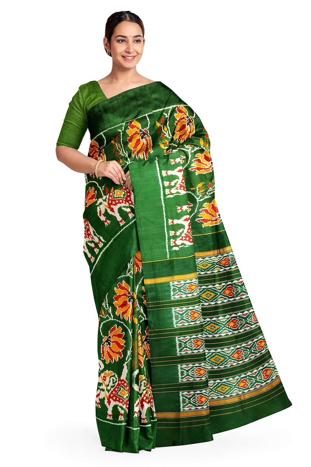 A twill weave ikkat pure silk saree in bottle green