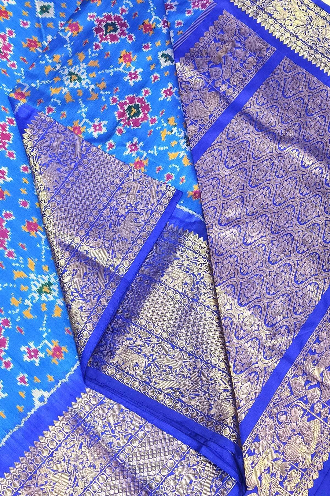 Ikkat  pure silk saree in blue in navratan pattern
