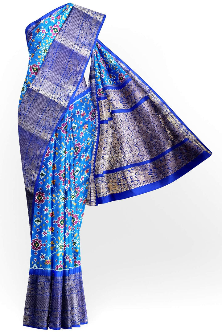 Ikkat  pure silk saree in blue in navratan pattern