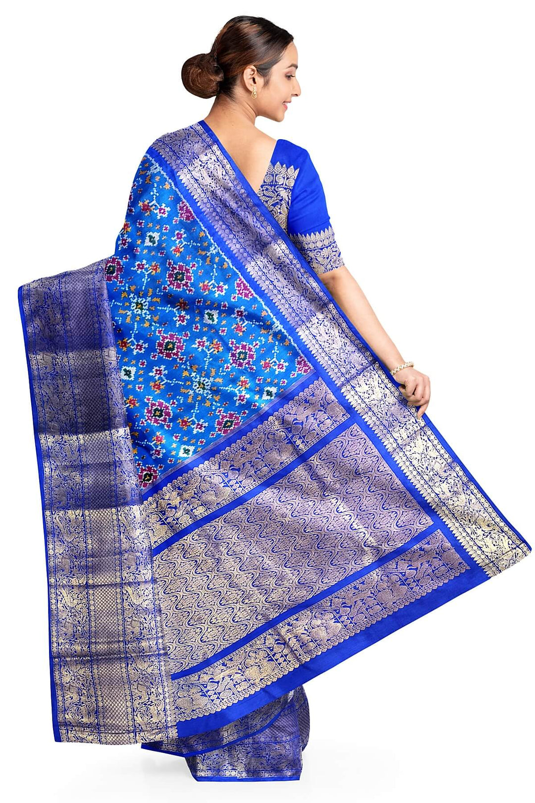 Ikkat  pure silk saree in blue in navratan pattern