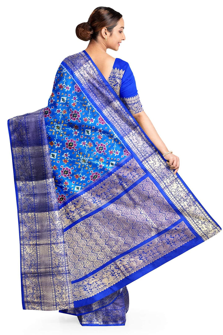 Ikkat  pure silk saree in blue in navratan pattern