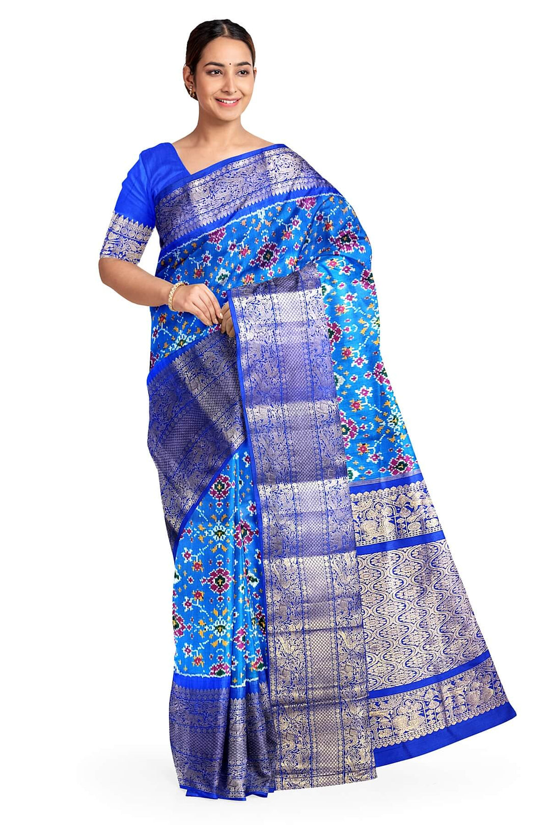 Ikkat  pure silk saree in blue in navratan pattern