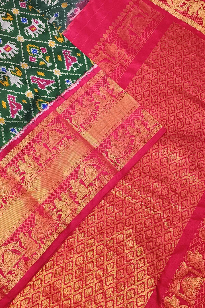 Ikkat pure silk saree in bottle green in narikunj pattern