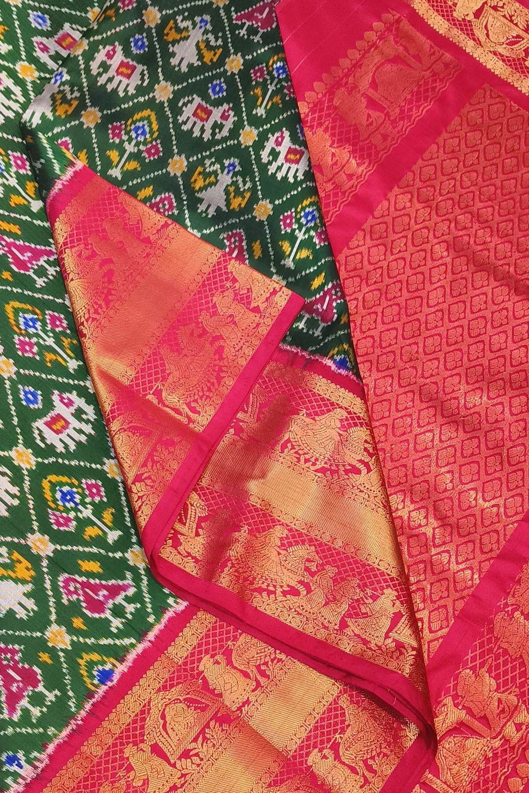Ikkat pure silk saree in bottle green in narikunj pattern