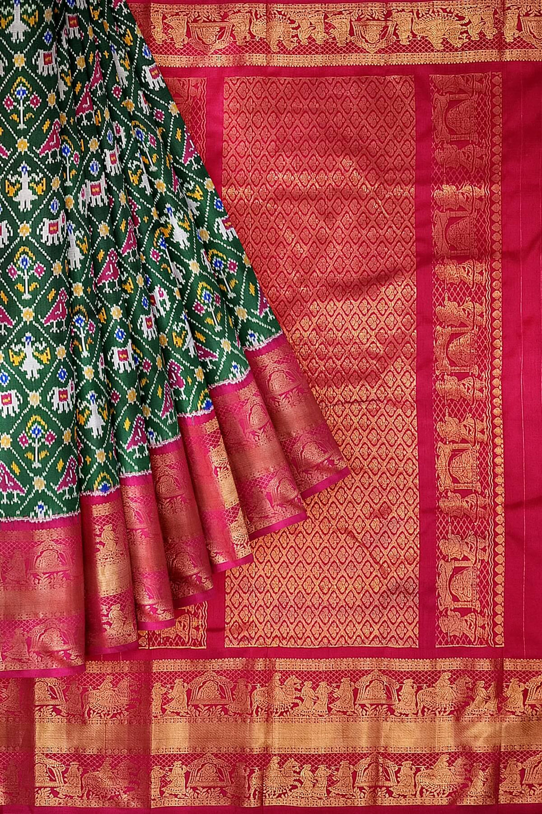 Ikkat pure silk saree in bottle green in narikunj pattern