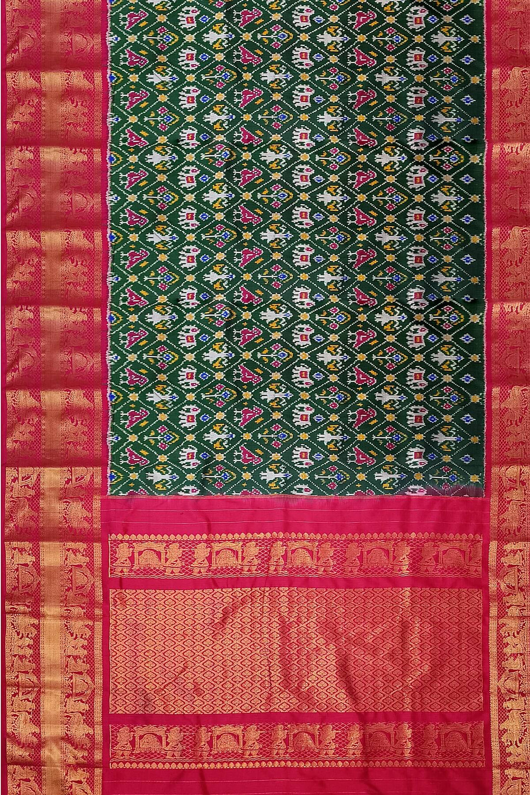 Ikkat pure silk saree in bottle green in narikunj pattern