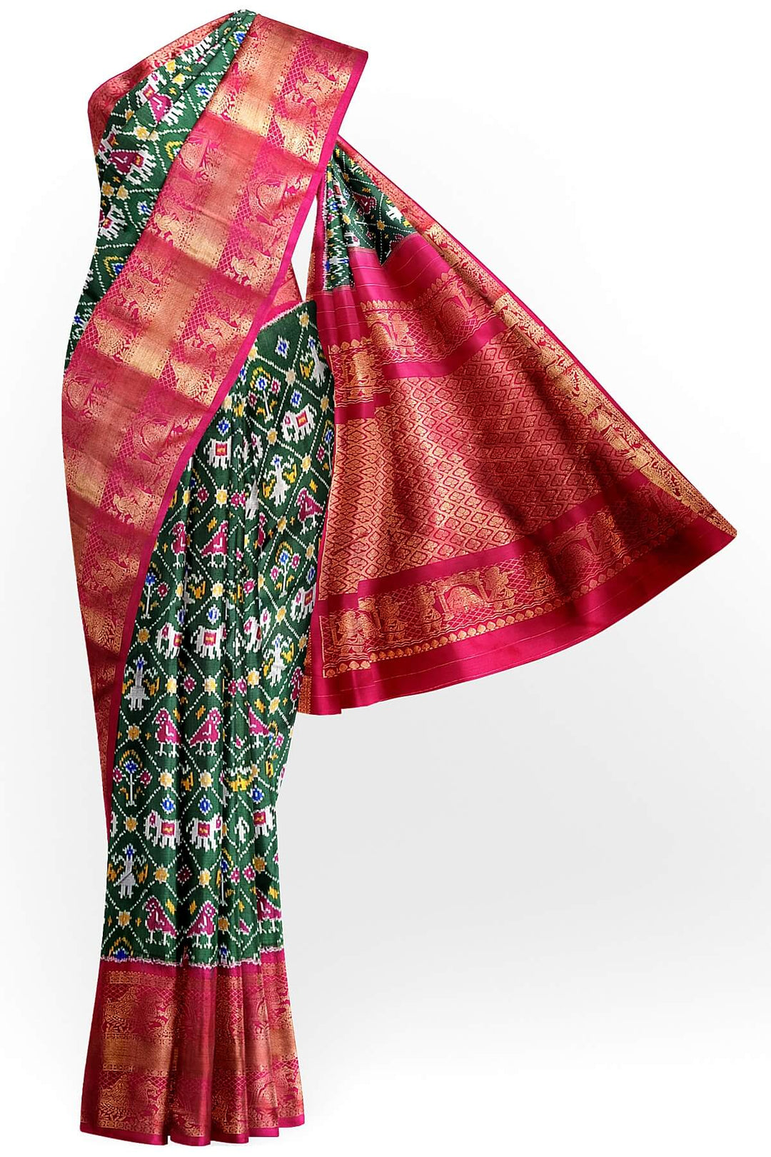 Ikkat pure silk saree in bottle green in narikunj pattern