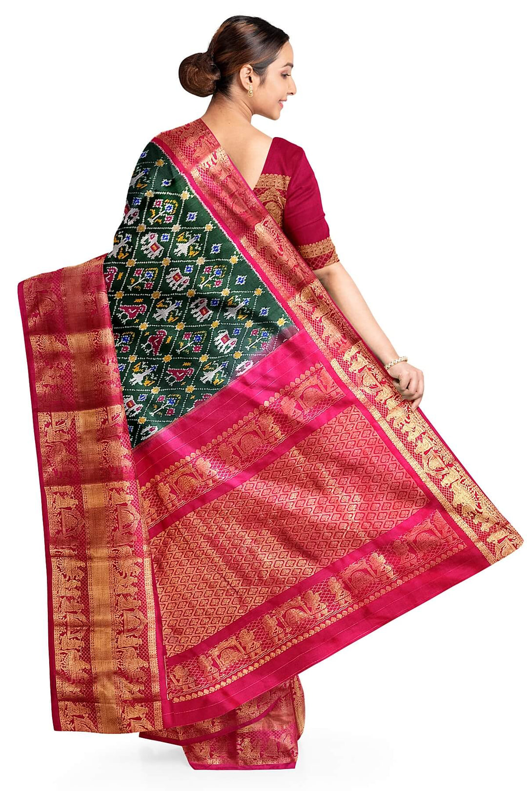 Ikkat pure silk saree in bottle green in narikunj pattern