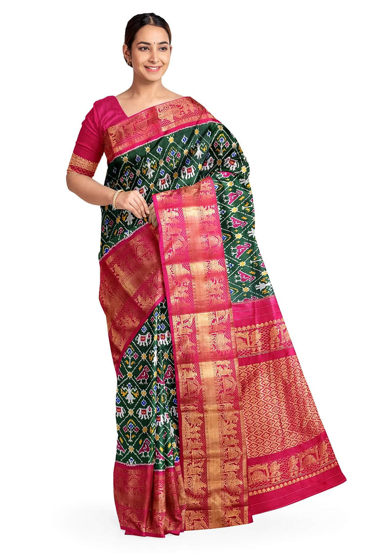 Ikkat pure silk saree in bottle green in narikunj pattern